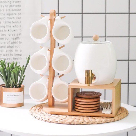 Bộ Chum Đựng Nước Kèm Tách Bằng Gốm Sứ & Kệ Gỗ Sang Trọng | Ngọc Lục Bảo Cao Cấp, Bộ Bình Trà Cao Cấp