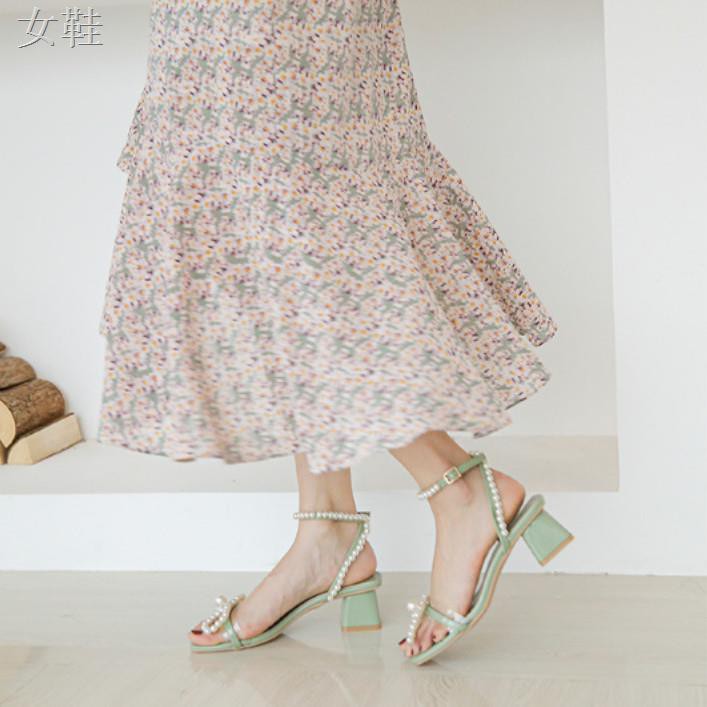 ℡Dép dày gót của phụ nữ 2021 từ ngọc trai mùa hè hoang dã mới với phong cách cổ tích Giày cao màu đỏ lưới tru
