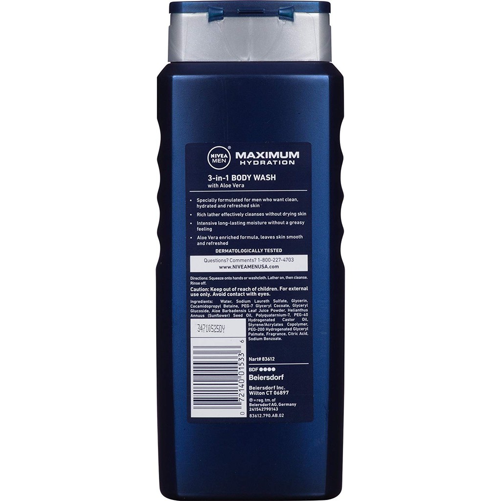 Sữa tắm dưỡng ẩm 3 trong 1 cho nam NIVEA Men Maximum Hydration 3 in1 Body Wash 500ml (Mỹ)