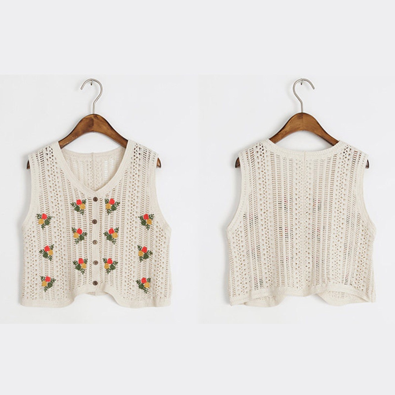 Áo Khoác Cardigan Dệt Kim Sát Nách Cổ Chữ V Thêu Hoa Phong Cách Vintage Cho Nữ