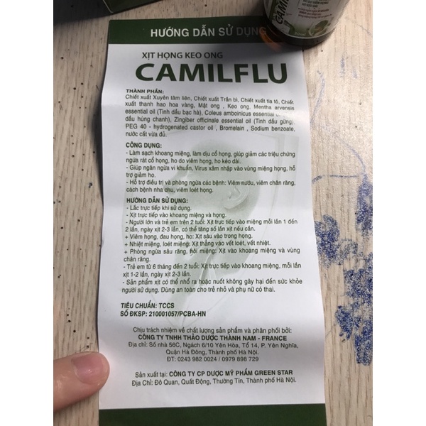 Xịt họng keo ong Camilflu xuyên tâm liên -tía tô 30 ml