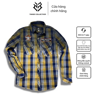 Áo sơ mi tay dài THREE COLLECTION nam sọc caro vàng xanh was loang 2 màu, chất kaki dày dặn thêu logo cướp biển S2458