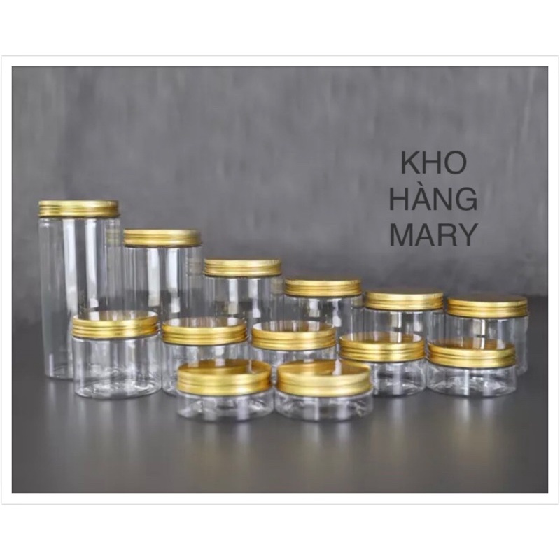 Hủ Pet TRONG SUỐT nắp thiếc BẠC / VÀNG Có LÓT (Đủ size )- Hủ nhựa CHIẾT MỸ PHẨM Nắp nhôm 50g/ 100g / 250g / 300g / 500g