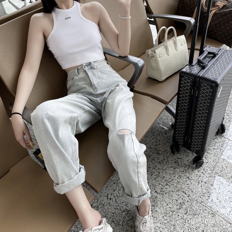 Quần jean ống rộng lưng cao phối rách màu sắc tươi sáng phong cách Hàn Quốc thời trang mùa hè cho nữ