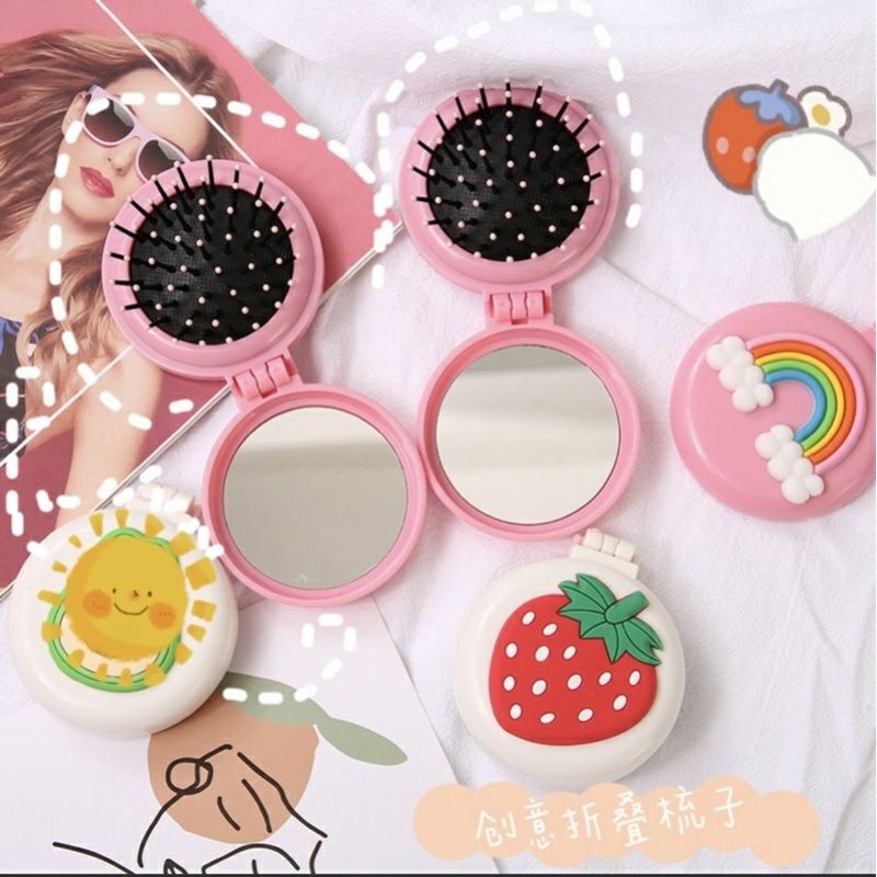 Gương mini cầm tay gấp gọn kèm lược masage cute