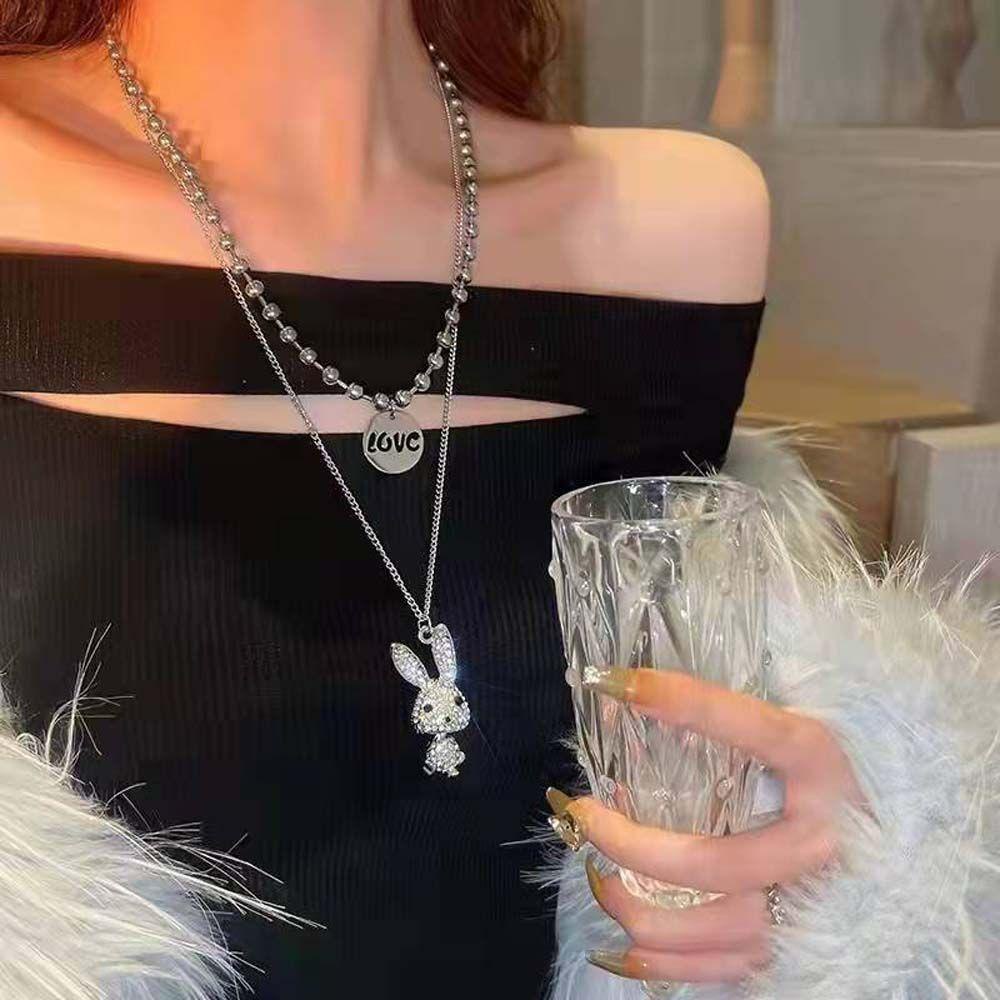 AROMA Dây Chuyền Hai Lớp Bằng Thép Titan Mặt Hình Thỏ Hoạt Hình Đính Đá Dễ Thương Cho Nữ