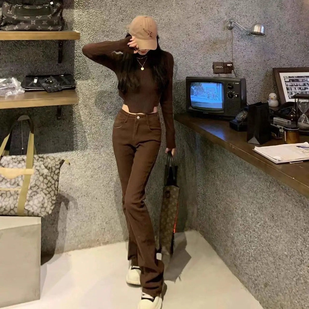 Jiashucheng Quần Jean Nữ Ống Loe Lưng Cao Màu Nâu Phong Cách Mới Mùa Xuân Hè