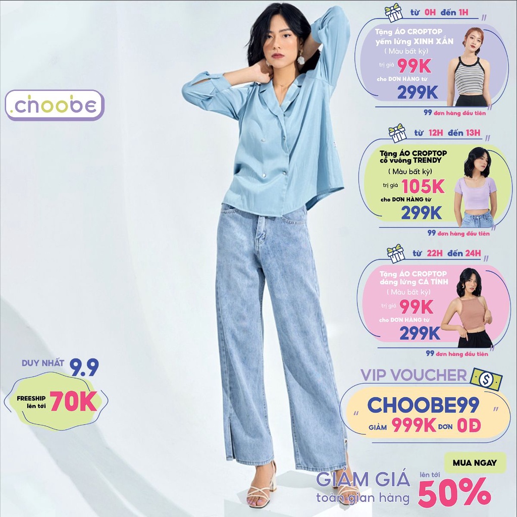 Quần jean nữ Choobe ống rộng cạp cao bò suông xẻ ống phong cách thời trang Hàn Quốc QJ03