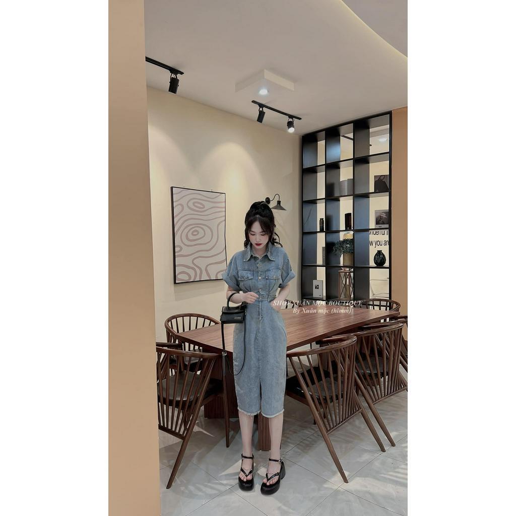 Váy bò dáng dài xẻ tà trước viền tua rua hàng quảng châu siêu đẹp - Đầm jean nữ