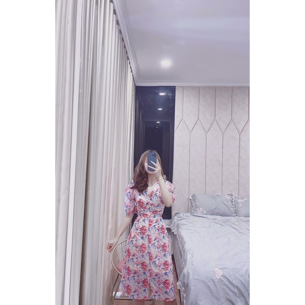 VÁY TƠ HOA HỒNG CỔ V LI EO CÚC NGỌC | BigBuy360 - bigbuy360.vn