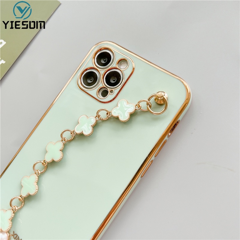 Ốp Điện Thoại Silicon Mềm Họa Tiết Lá May Mắn Có Dây Đeo Tay Cho iPhone 13 12 11 Pro Max