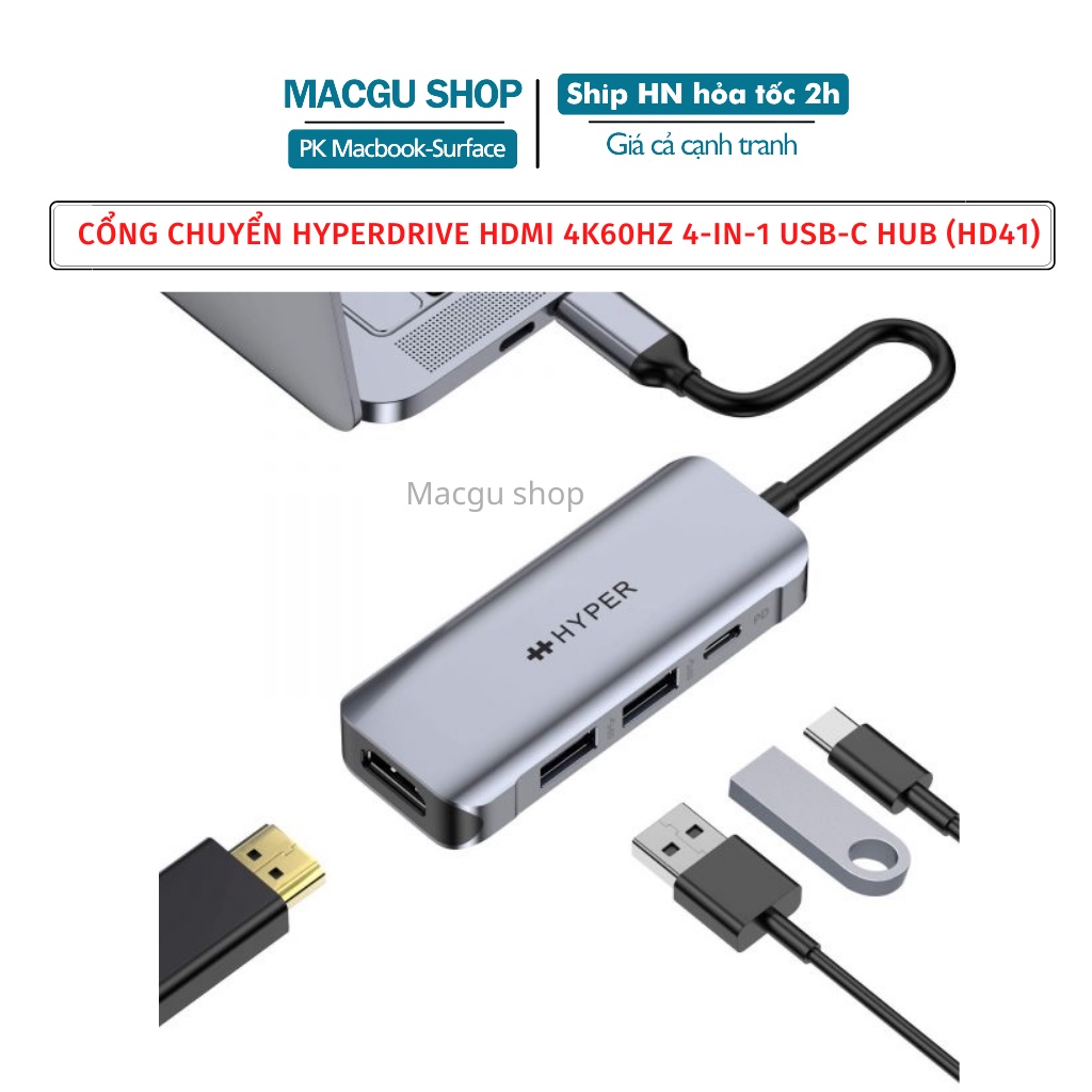 Cổng chuyển HyperDriver HDMI 4K/60Hz 4in1 USB-C Hub (HD41) - cho MacBook, iPad, Chromebook, PC và smartphone