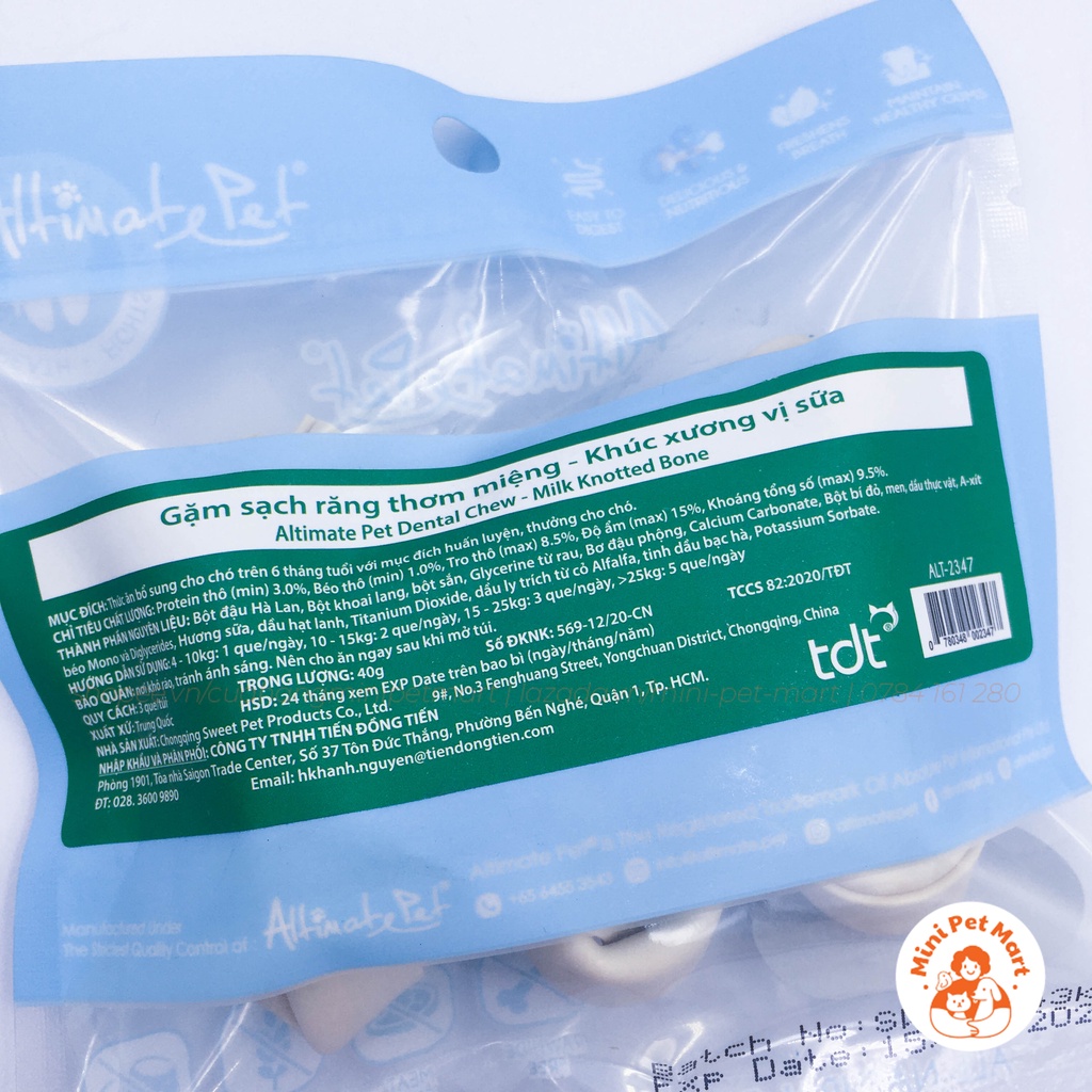 Xương gặm sạch răng thơm miệng cho chó dạng khúc xương ALTIMATE PET DENTAL CHEW (3 thanh) - vị bạc hà, sữa, cranberry