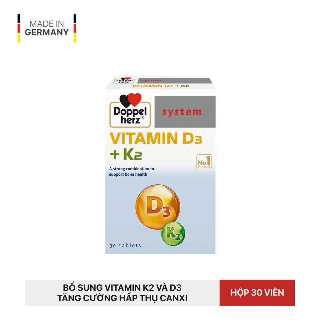 [TPCN Nhập Khẩu] Viên uống tăng cường hấp thu Canxi, giảm nguy cơ loãng xương Doppelherz Vitamin D3 + K2 (Hộp 30 viên)