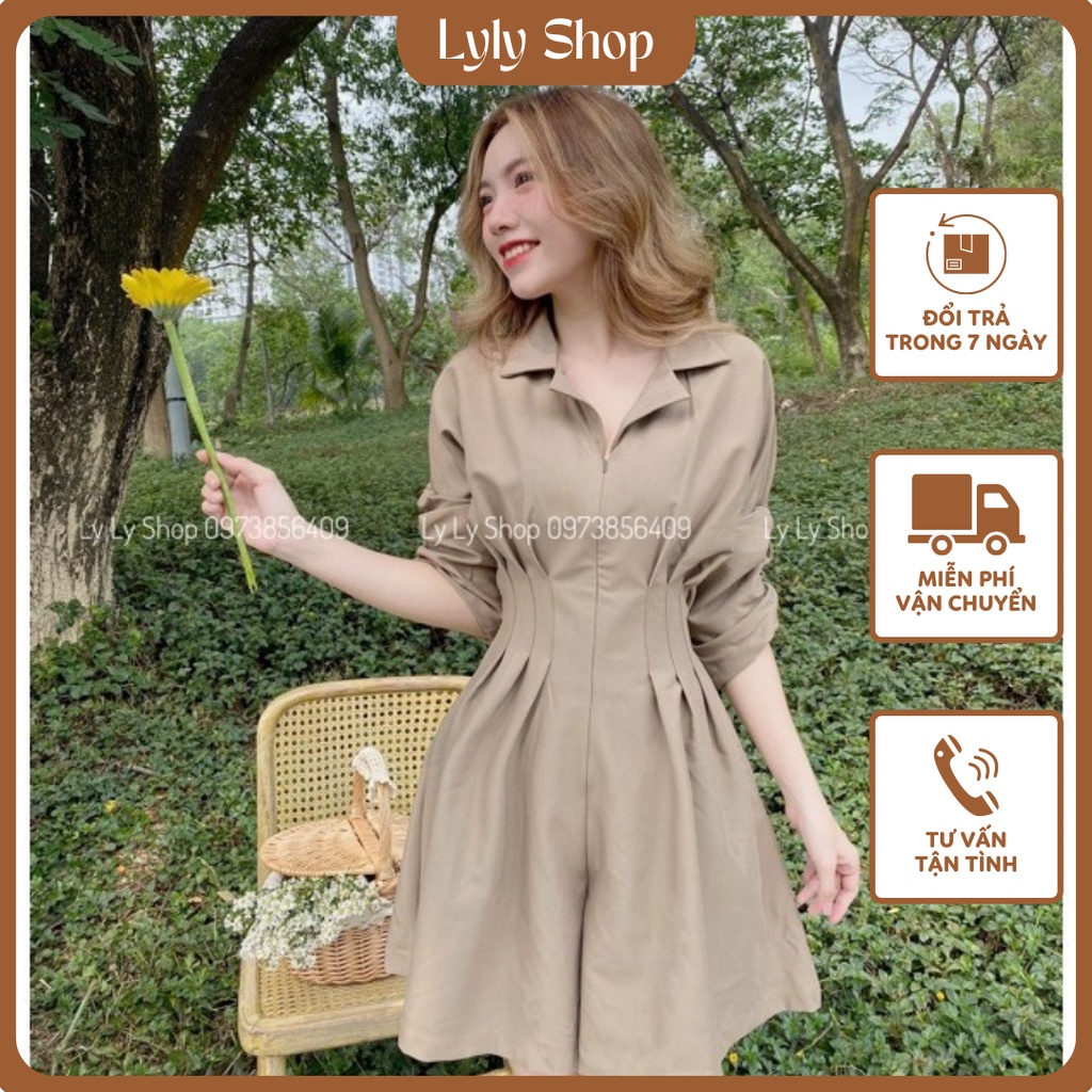 Jumpsuit sơmi dây kéo xếp ly eo ( có bigsize)