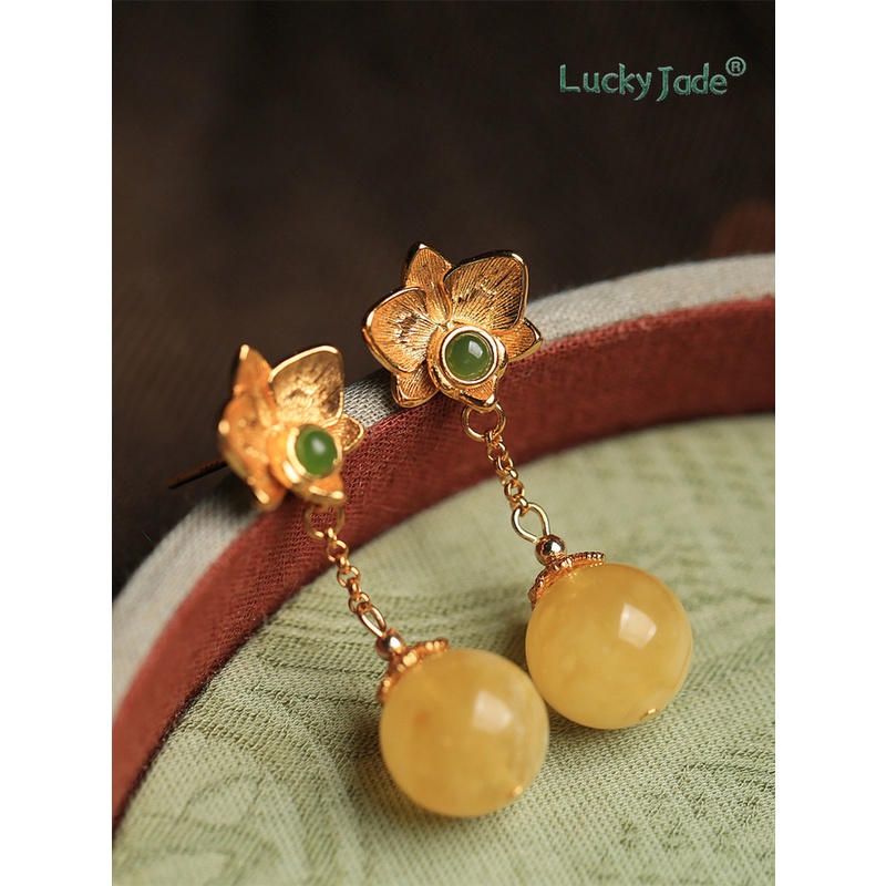 Khuyên Tai Bạc Đính Đá Hổ Phách Cao Cấp Phong Cách Trung Hoa Cho Nữ