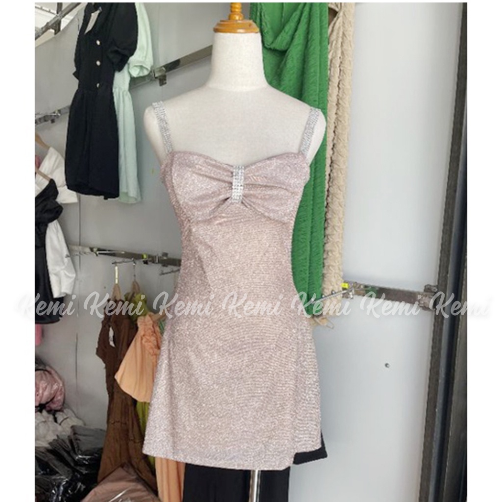 Váy hai dây nữ nhũ kim sa nơ ngực Kemi thiết kế bling lấp lánh kiêu sa đầm ôm body tôn dáng