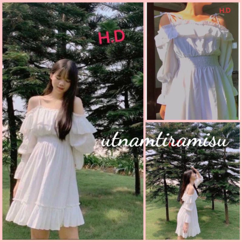 Váy Tiểu Thư Trắng Trễ Vai Hoặc Cổ Vuông Vintage 2 Dây Buộc Vai ❤ Đầm Xòe 2 Lớp có lót trong Mặc Nhiều Kiểu giá rẻ Maxi