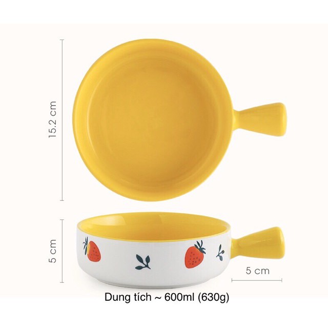 Thố sứ hoạ tiết dâu tây có quai cầm