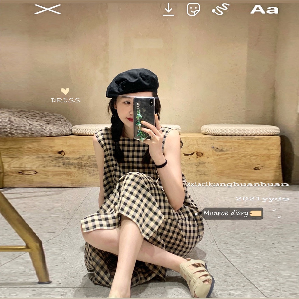 (ORDER) Váy ba lỗ kẻ sọc caro suông dài cổ hở rộng sau lưng style vintage Hàn Quốc điệu đà (Hàng order)