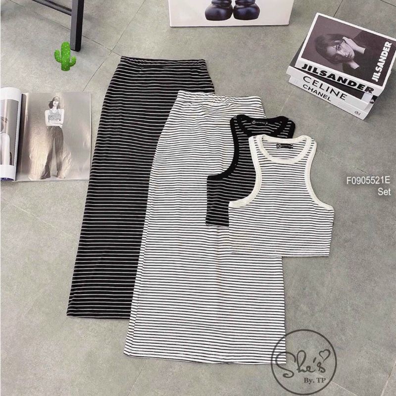 Sét váy maxi &amp; áo 3 lỗ sọc  siêu hot siêu sang(B.C)