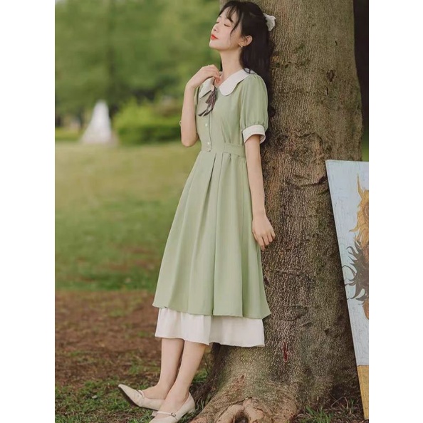 Váy Hai Vạt Tay Lỡ Dáng Dài Màu Xanh Lá, Tím Thiết Kế Nhẹ Nhàng Phong Cách Nàng Thơ