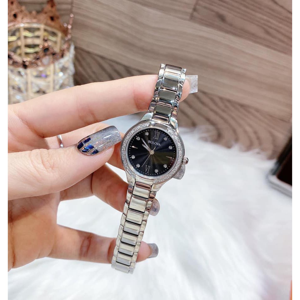 Đồng hồ nữ Bulova 96R207 mặt đen, viền đá  ⚜️Hàng Authentic⚜️