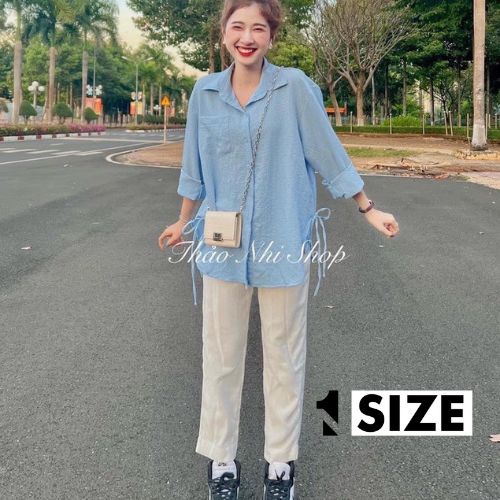 Set áo sơ mi thắt nơ hông xanh dương kèm quần kaki trắng lưng cao phong cách nữ ulzzang 1sizeshop