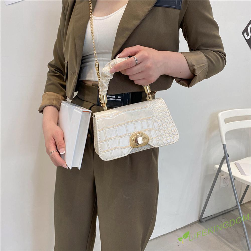 Fashion Women PU Solid Color Alligator Pattern Shoulder Bag Pleated Handbag