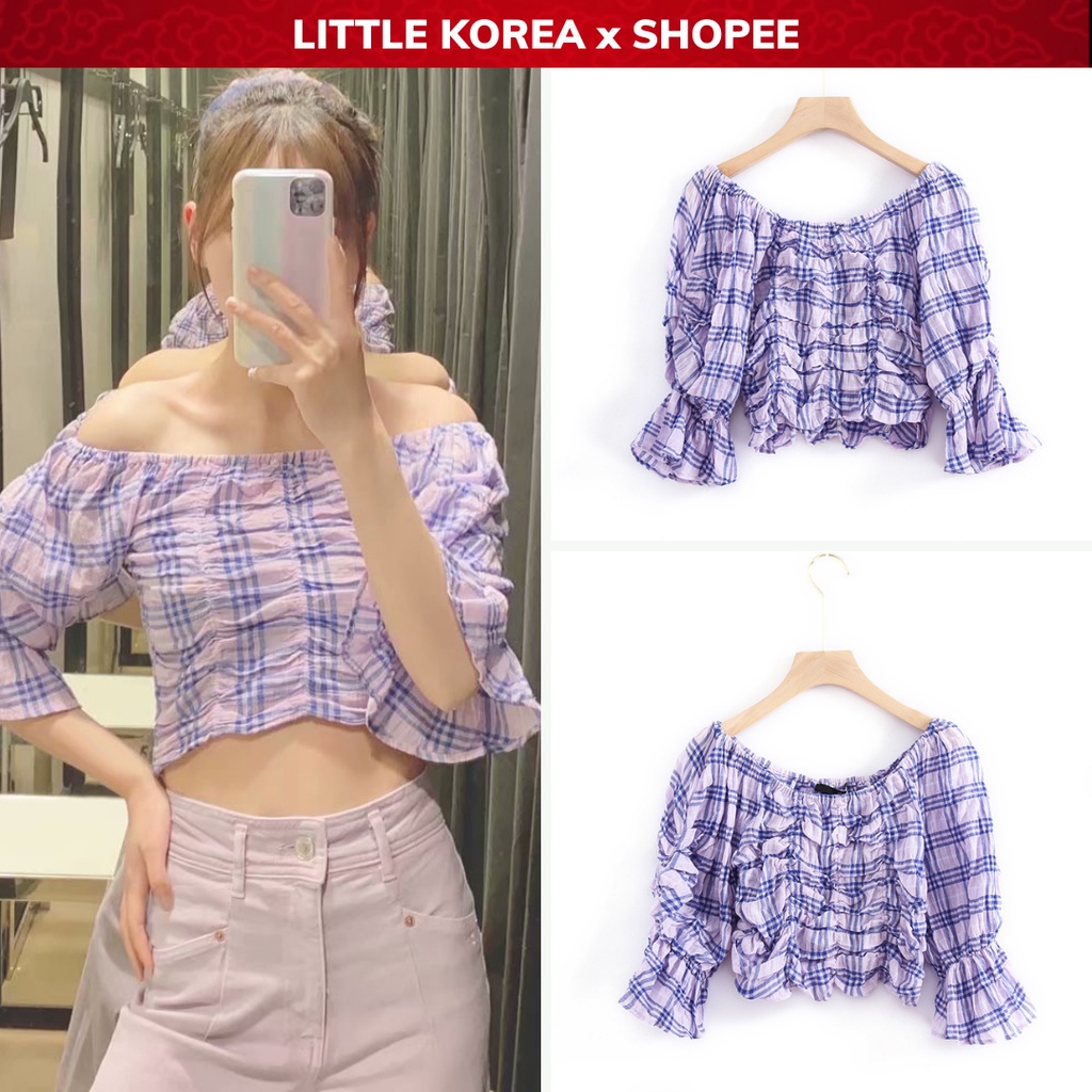 Áo Croptop Nữ Trễ Vai Tay Bồng Kẻ Caro Tím Z - LITTLE KOREA