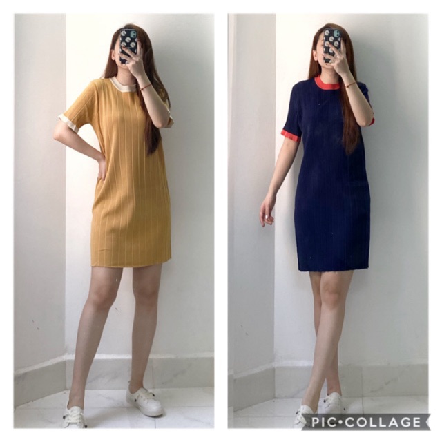 [Ảnh thật] Váy dệt kim cổ tròn (xanh + vàng)