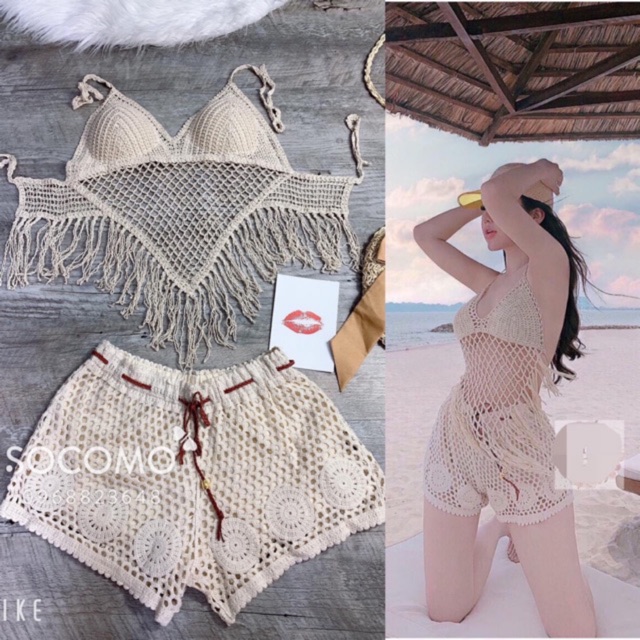 Sét bikini đen biển đan móc tua rua