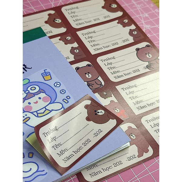 Set 20 nhãn vở hình gấu Brownie + 10 sticker tên hoặc hình gấu