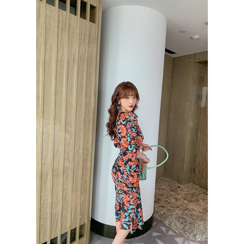 ZYHT Đầm Lửng Cổ Chữ V Xẻ Tà In Họa Tiết Thời Trang Cho Nữ 4896