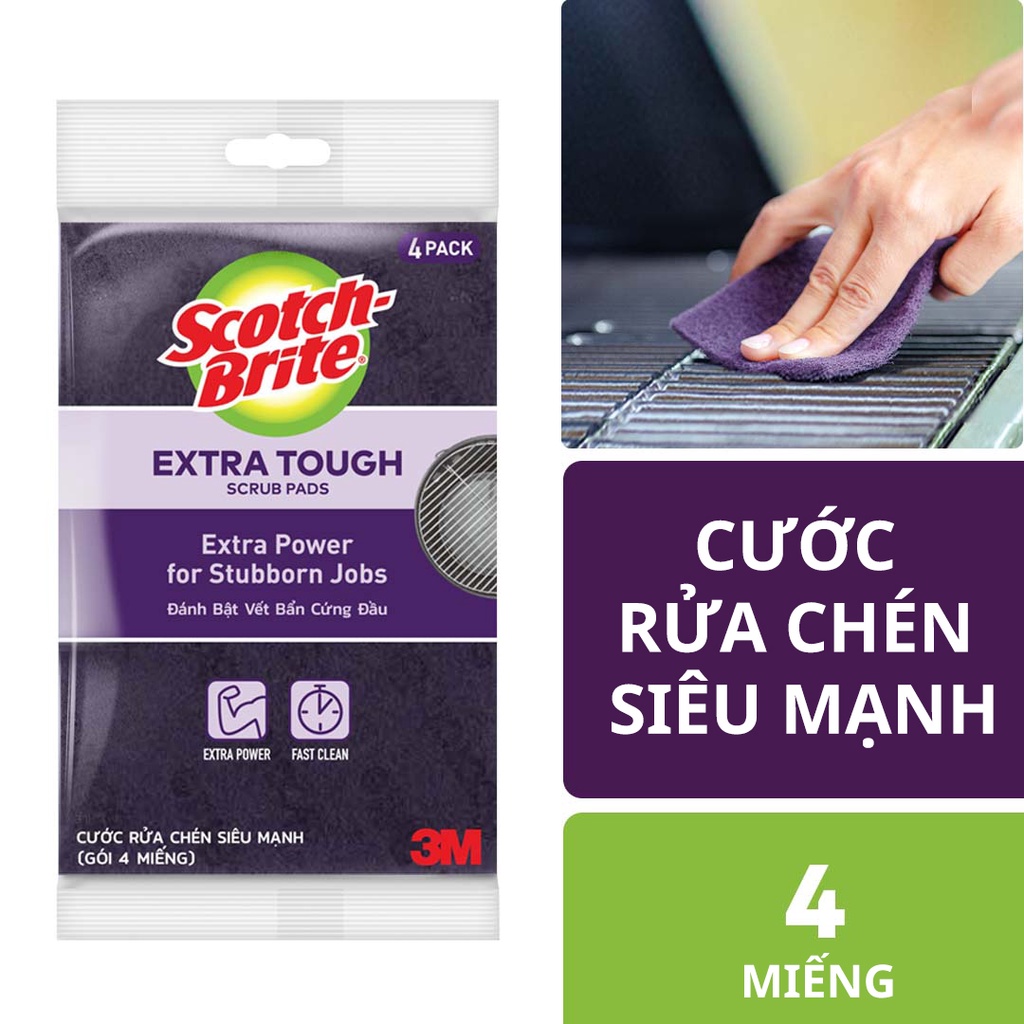 [Gói 4 miếng] Cước Rửa Chén Siêu Mạnh Scotch Brite - Cọ rửa mọi vết bẩn cứng đầu, an toàn cho vỉ nướng, nồi inox, gang