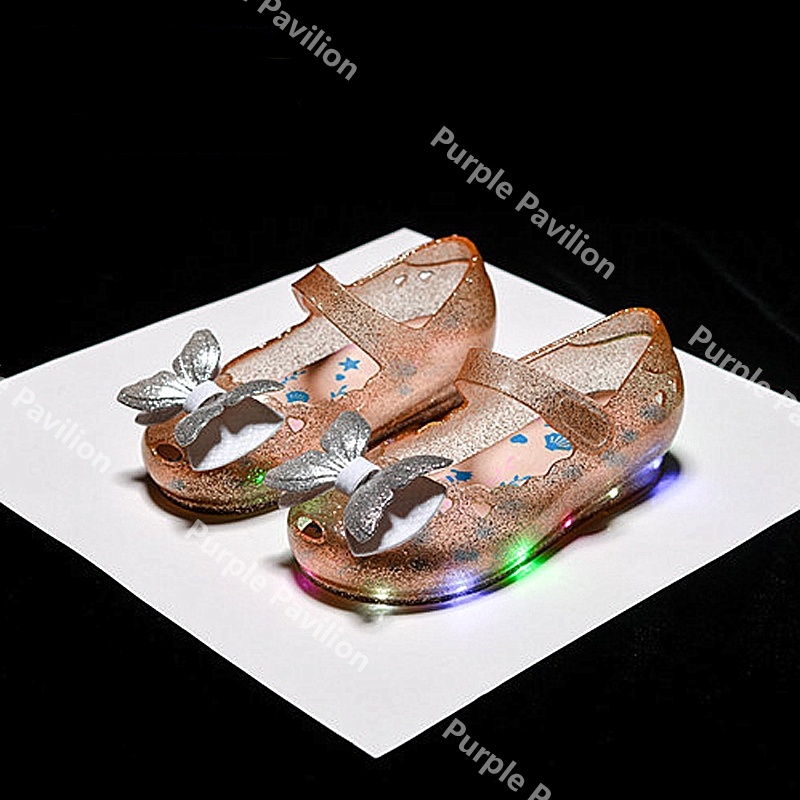 ✿Hàng Có Sẵn✿ Giày Búp Bê Nhựa Mềm Đính Nơ Có Đèn LED Dễ Thương Cho Bé Gái