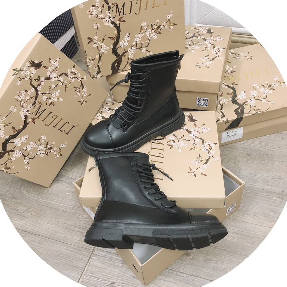 Boot Bốt Da Nữ Cao Cổ Dây Buộc Trước Đan 2 Kiểu Cá Tính Khóa Kéo Sau Mới
