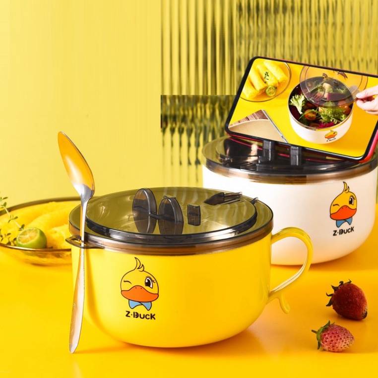 Tô Ăn MìFREESHIPBát Úp Mì Lõi Inox Giữ Nhiệt Cao Cấp 1000ml Hình Chú Vịt Vàng Đáng Yêu Có Khe Rót Nước Tiện Lợi