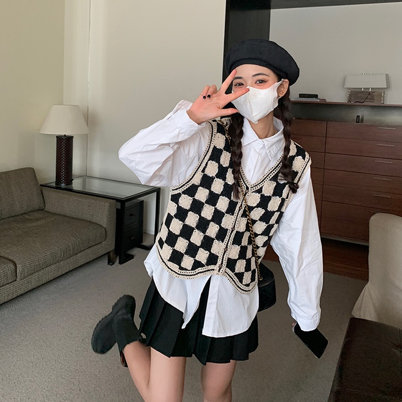 Áo hai dây họa tiết sọc caro trắng đen thời trang