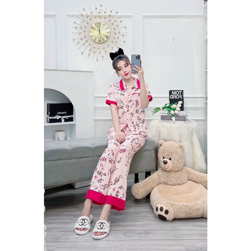 Đồ ngủ pyjama lụa quần dài tay cộc đồ bộ mặc nhà dễ thương