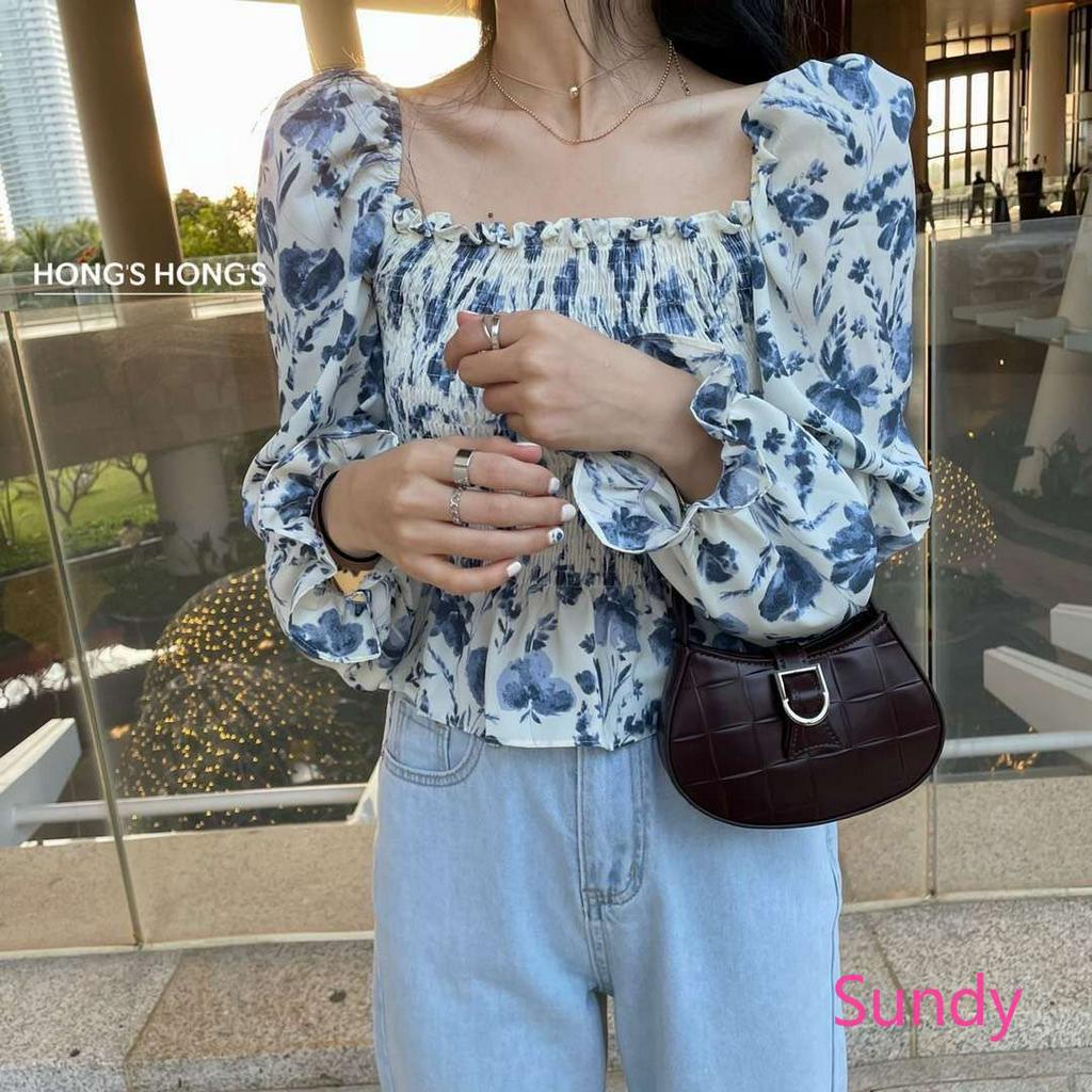 Áo Croptop Chất Chiffon Hoạ Tiết Hoa Thiết Kế Cổ Vuông Nữ Tính