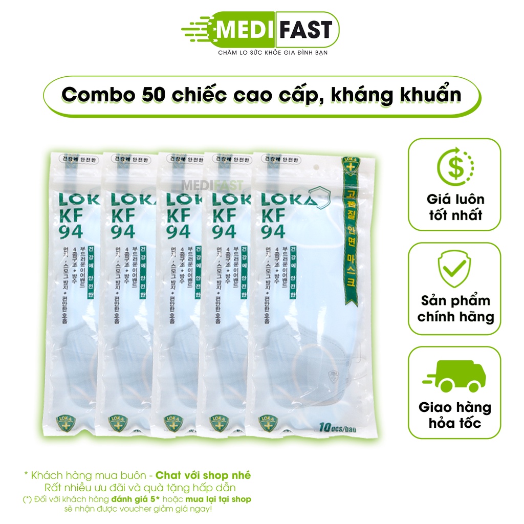 Khẩu Trang KF94, Kháng Khuẩn, Chống Bụi Mịn lên tới 94% - An toàn - Tiện lợi - combo 50 chiếc đủ 3 màu trắng, xanh, xám