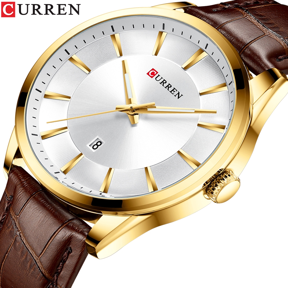 Đồng Hồ Quartz Curren Chống Thấm Nước Với Dây Đeo Da Mạ Vàng Sang Trọng