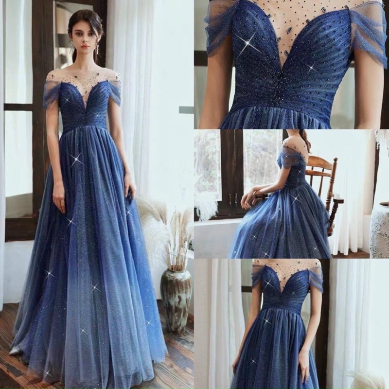 ĐẦM DẠ HỘI KIM TUYẾN XẾP LY XÉO NGỰC full size S/M/L /XL