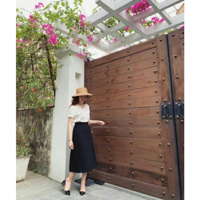 Chân váy xếp li 2 lớp phối ren quảng châu đẹp size M L XL XXL