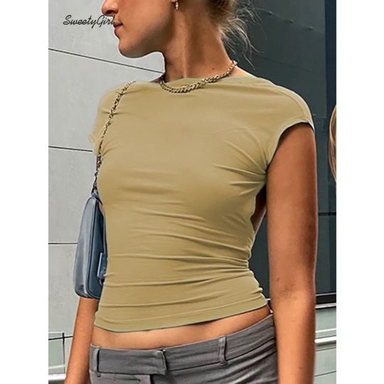 Áo Thun Ngắn Tay Cổ Tròn Màu Trơn Thời Trang 2022 Quyến Rũ Cho Nữ