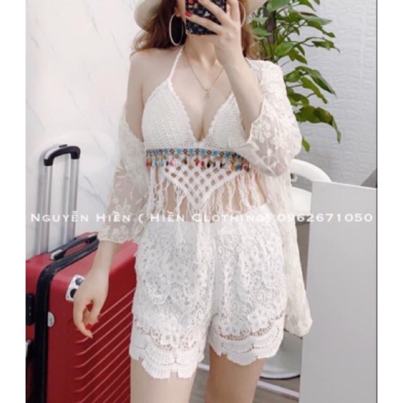 44-Bộ đồ bơi bikini ren⚡️Set ren đi biển 3 món sang chảnh bra tam giác hạt