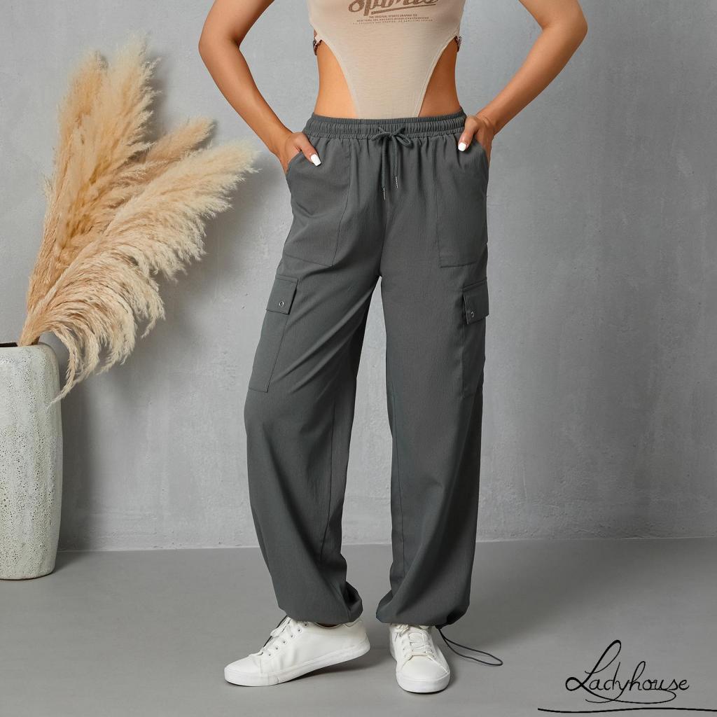 Quần Dài Dáng Suông Lưng Thấp Có Túi Bên Hông Màu Trơn Thời Trang Cho Nữ