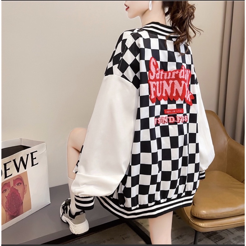 Áo khoác bomber nữ, Áo khoác bomber kẻ Caro phối tay chữ đỏ From rộng Unisex | BigBuy360 - bigbuy360.vn