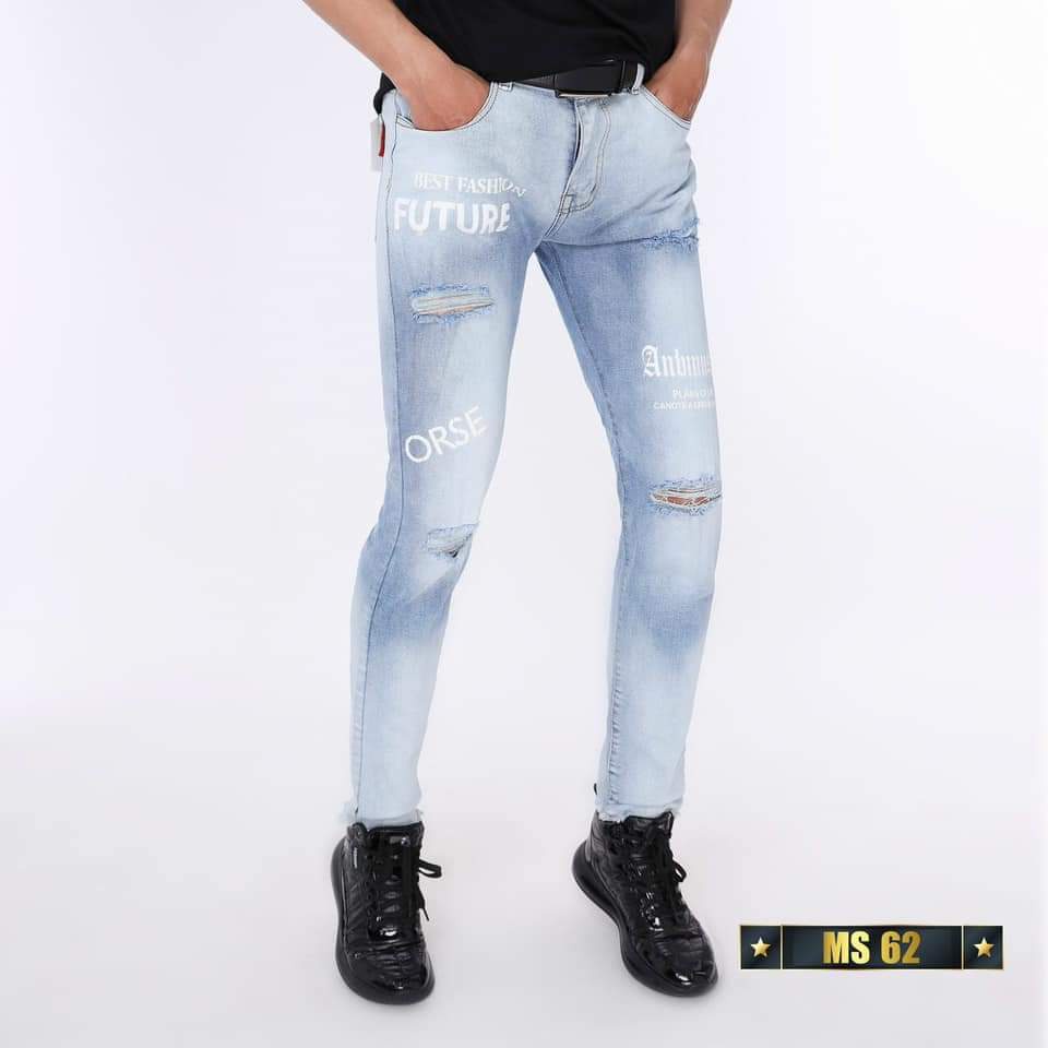 Quần jean nam xanh rách gối chất bò cao cấp co dãn 4 chiều họa tiết chữ cực đẹp, quần rin nam QDJ062 Nhiều mẫu mới